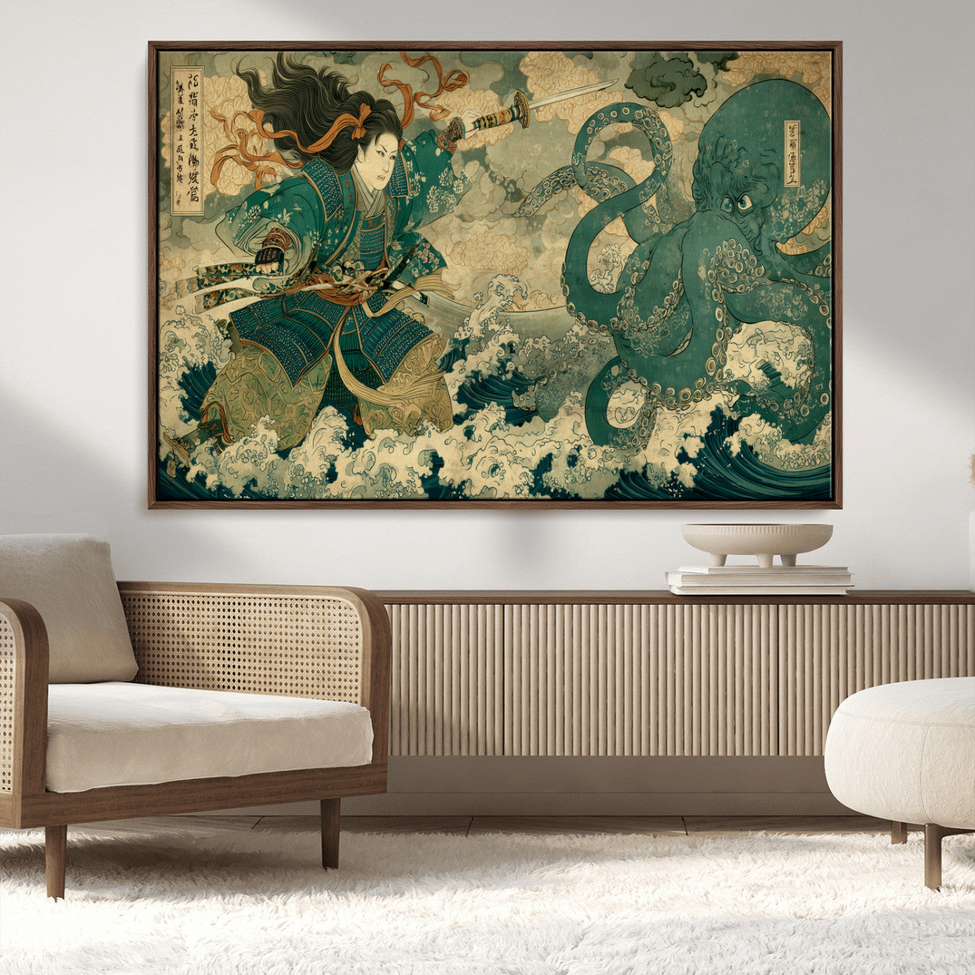Tsukioka Yoshitoshi Samurai Wall Art Print, Japanese Katana Warrior Canvas Wall Art, Octopus Sea Monster Canvas Print,