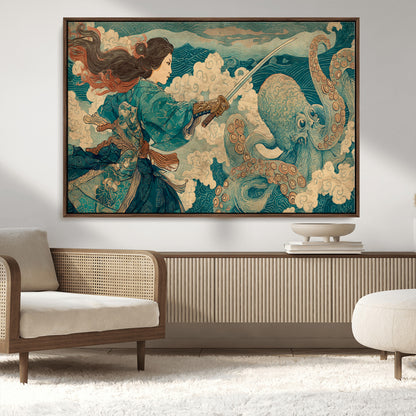 Tsukioka Yoshitoshi Samurai Wall Art Print, Japanese Katana Warrior Canvas Wall Art, Octopus Sea Monster Canvas Print,