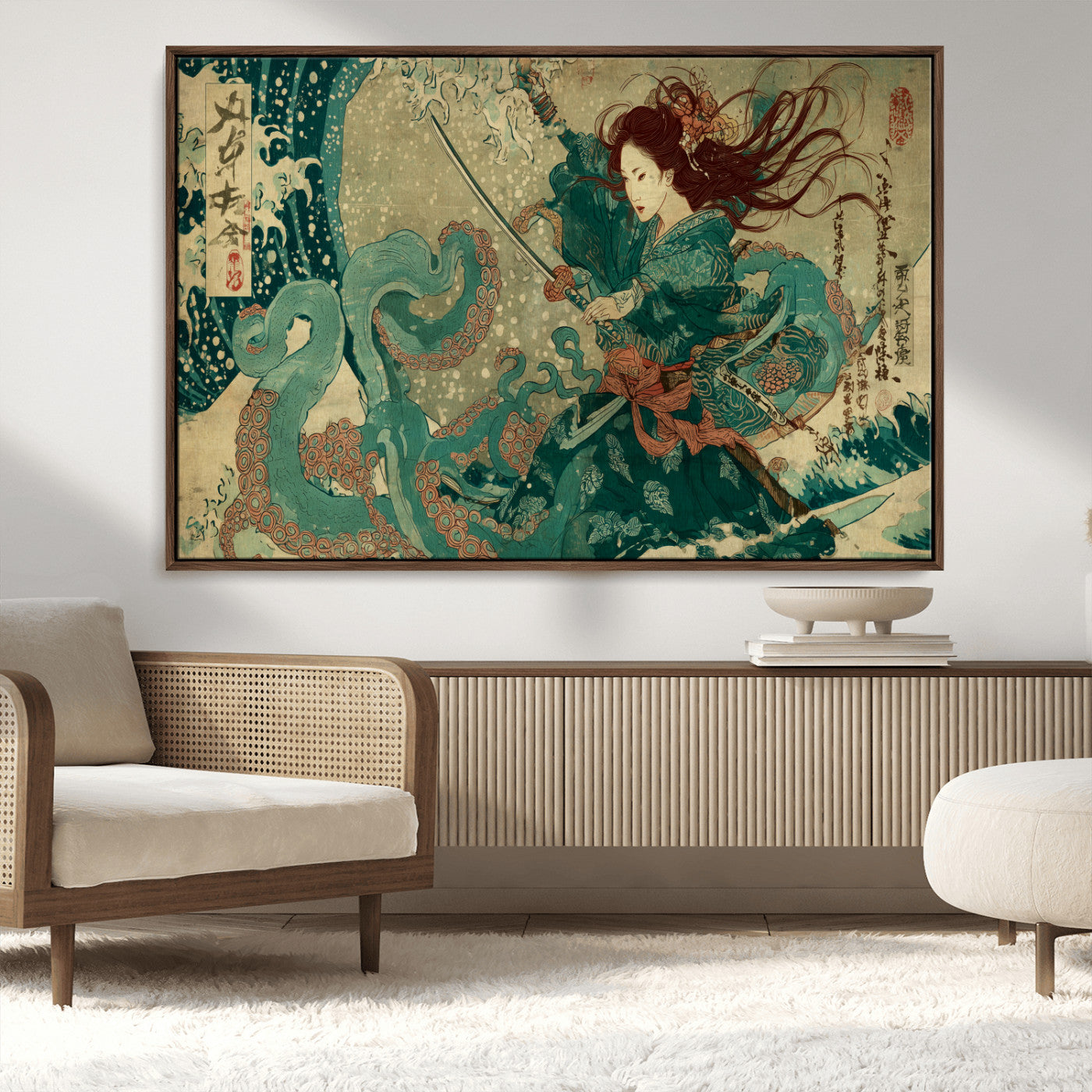 Tsukioka Yoshitoshi Samurai Wall Art Print, Japanese Katana Warrior Canvas Wall Art, Octopus Sea Monster Canvas Print,