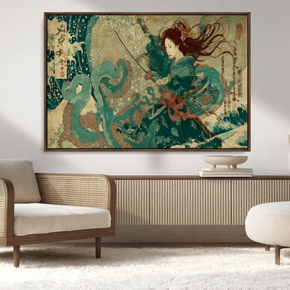 Tsukioka Yoshitoshi Samurai Wall Art Print, Japanese Katana Warrior Canvas Wall Art, Octopus Sea Monster Canvas Print,