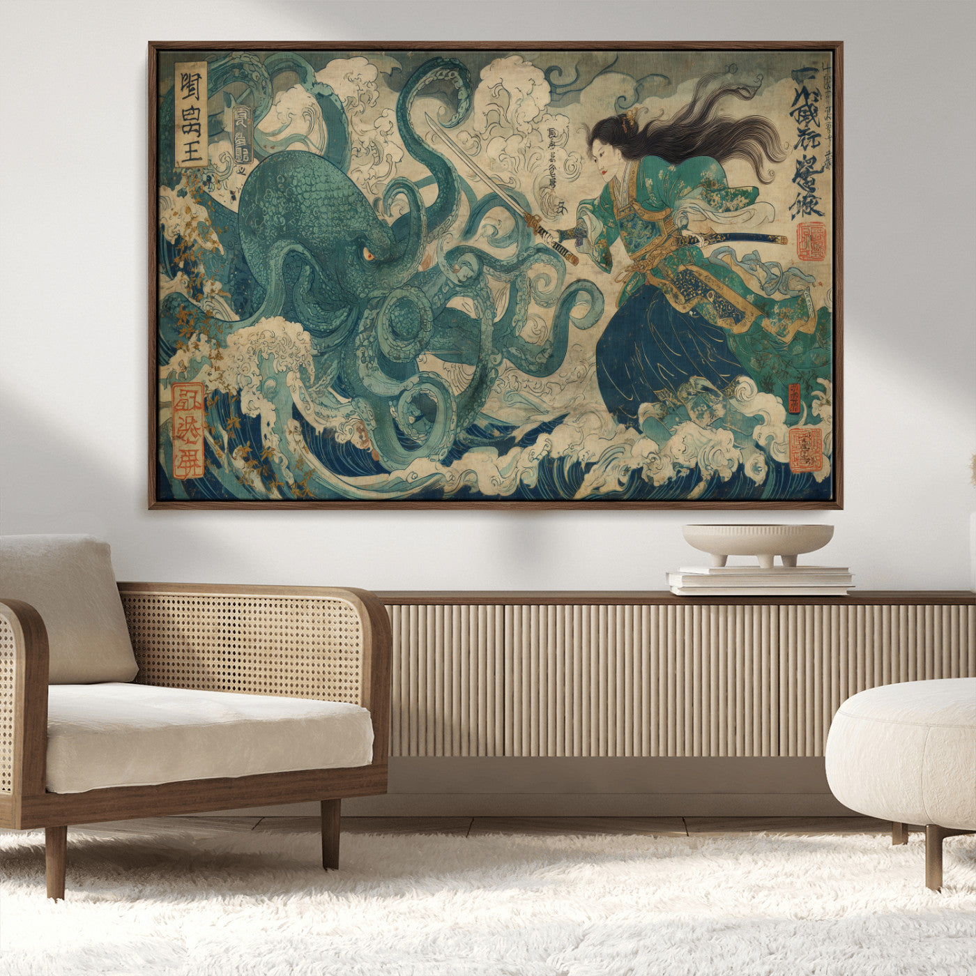 Tsukioka Yoshitoshi Samurai Wall Art Print, Japanese Katana Warrior Canvas Wall Art, Octopus Sea Monster Canvas Print,