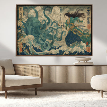 Tsukioka Yoshitoshi Samurai Wall Art Print, Japanese Katana Warrior Canvas Wall Art, Octopus Sea Monster Canvas Print,