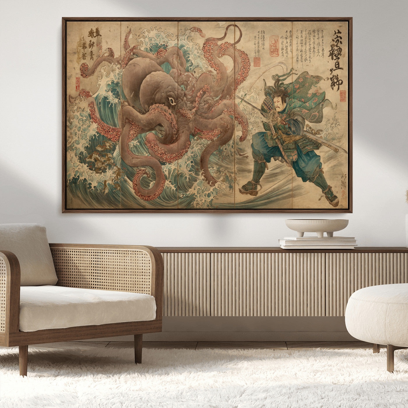 Tsukioka Yoshitoshi Samurai Wall Art Print, Japanese Katana Warrior Canvas Wall Art, Octopus Sea Monster Canvas Print,