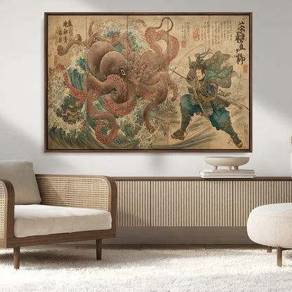 Tsukioka Yoshitoshi Samurai Wall Art Print, Japanese Katana Warrior Canvas Wall Art, Octopus Sea Monster Canvas Print,