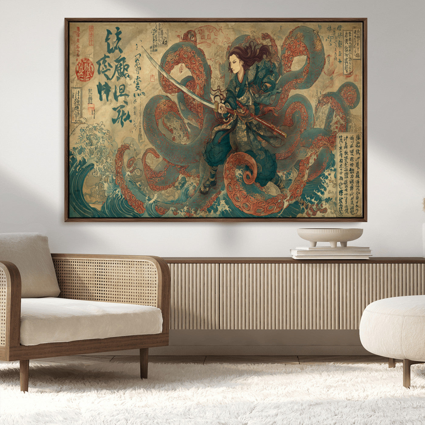 Tsukioka Yoshitoshi Samurai Wall Art Print, Japanese Katana Warrior Canvas Wall Art, Octopus Sea Monster Canvas Print,