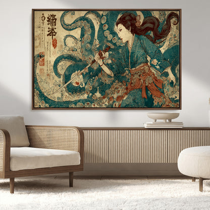 Tsukioka Yoshitoshi Samurai Wall Art Print, Japanese Katana Warrior Canvas Wall Art, Octopus Sea Monster Canvas Print,