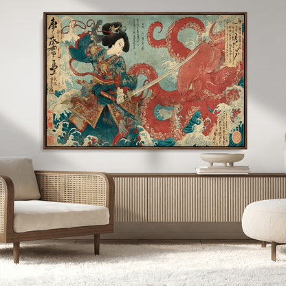 Tsukioka Yoshitoshi Samurai Wall Art Print, Japanese Katana Warrior Canvas Wall Art, Octopus Sea Monster Canvas Print,