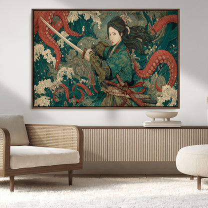 Tsukioka Yoshitoshi Samurai Wall Art Print, Japanese Katana Warrior Canvas Wall Art, Octopus Sea Monster Canvas Print,