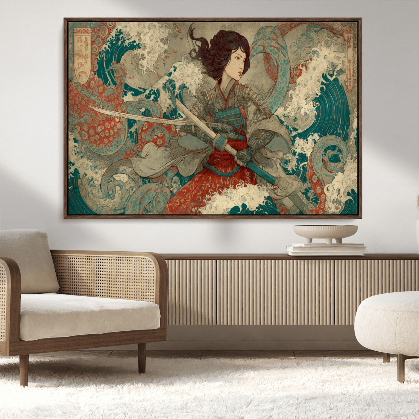 Tsukioka Yoshitoshi Samurai Wall Art Print, Japanese Katana Warrior Canvas Wall Art, Octopus Sea Monster Canvas Print,