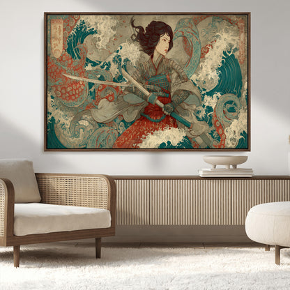 Tsukioka Yoshitoshi Samurai Wall Art Print, Japanese Katana Warrior Canvas Wall Art, Octopus Sea Monster Canvas Print,