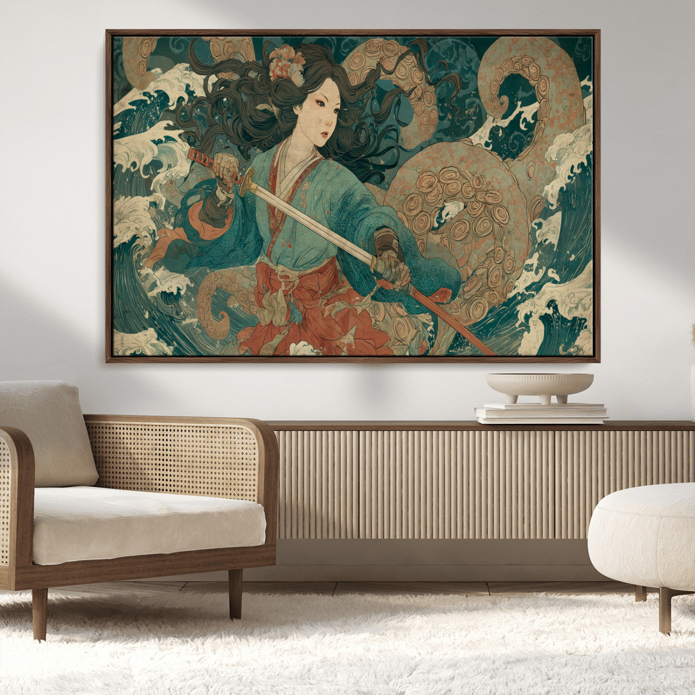 Tsukioka Yoshitoshi Samurai Wall Art Print, Japanese Katana Warrior Canvas Wall Art, Octopus Sea Monster Canvas Print,