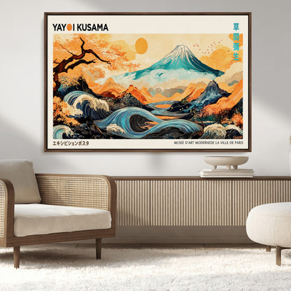 Modern Japanese-style art print featuring a stylized Mount Fuji, flowing waves, and vibrant landscapes in bold colors, inspired by traditional and contemporary aesthetics.