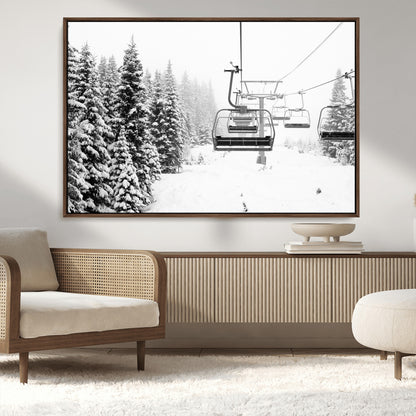 Black and white canvas of empty ski lifts over a snowy pine forest, perfect for minimal winter or ski lodge-inspired decor.
