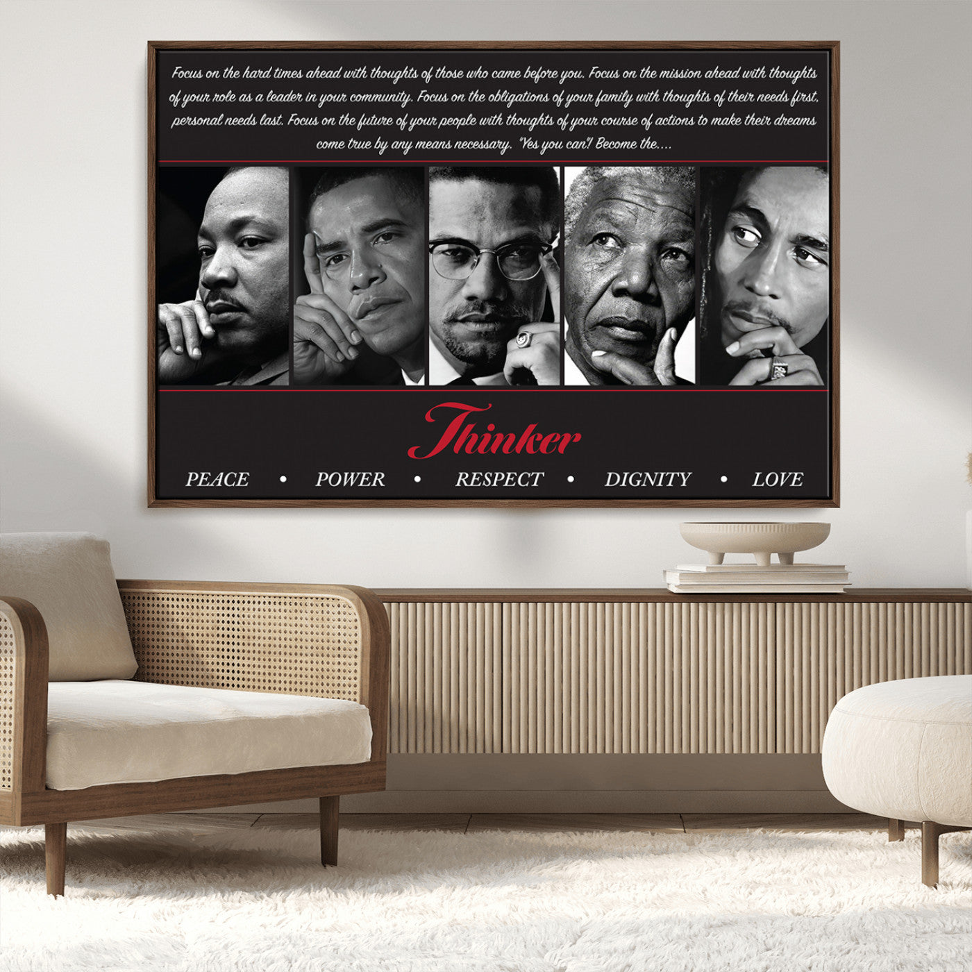 Monochrome canvas of iconic Black leaders with a powerful quote, perfect for modern spaces with a cultural or motivational theme.