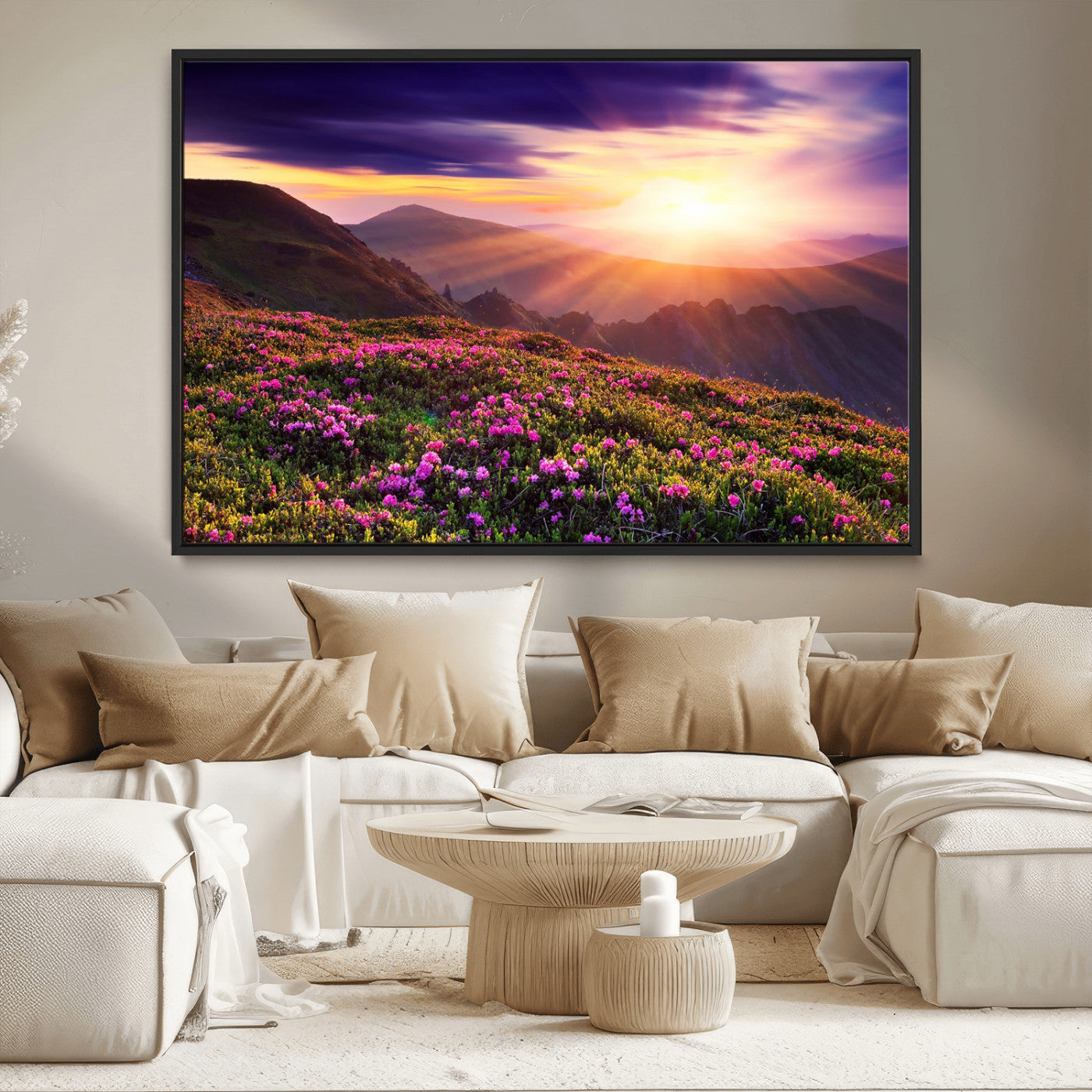 -Mountain Sunrise Wall Art – Vibrant Floral Landscape Canvas Print, Nature Home Decor for Living Room, Bedroom Office or Cabin