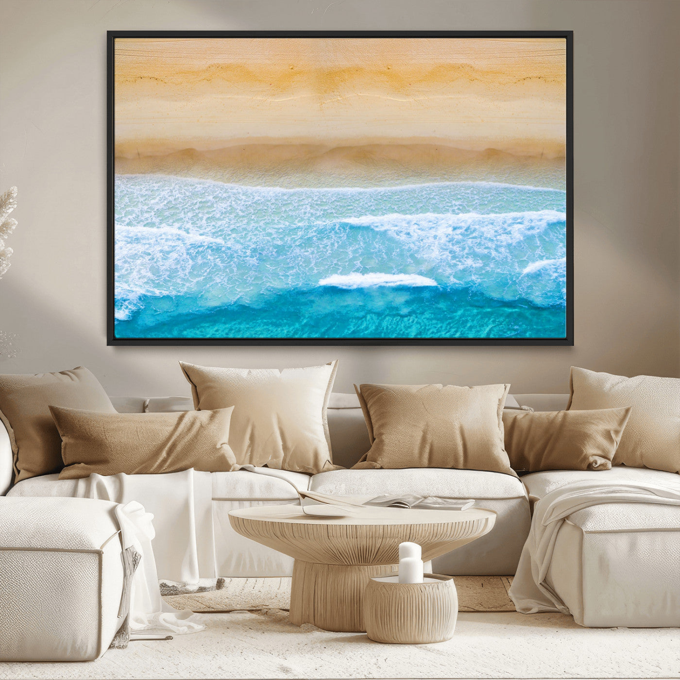 -Aerial Beach Wall Art – Serene Ocean Waves & Sandy Shore Canvas Print, Coastal Home Decor for Living Room, Bedroom or Office