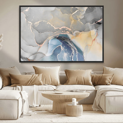 -Abstract Fluid Art Wall Decor – Blue, Gray & Gold Canvas Print, Modern Home and Office Wall Art Decor for Living Room, Bedroom or Workspace
