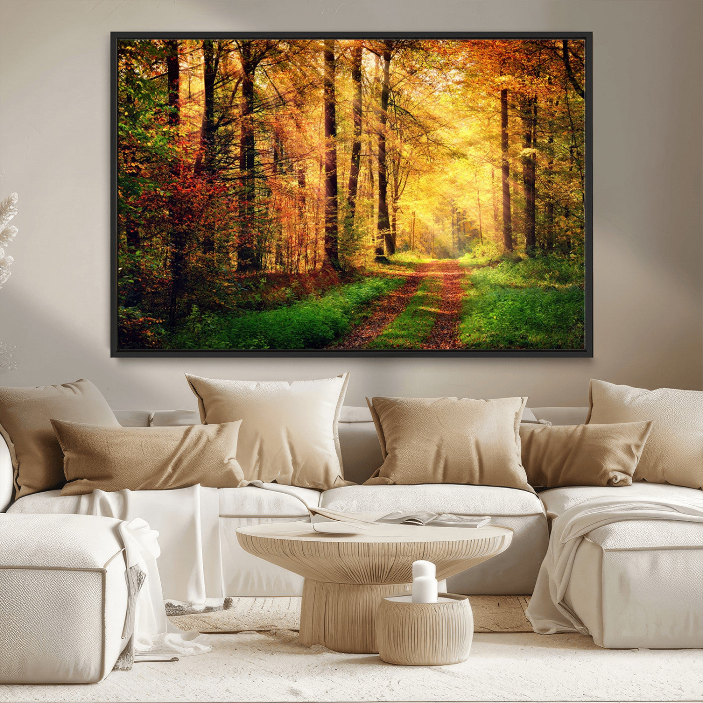 73494-MGV-CV-36X24-Golden Autumn Forest Path Wall Art – Sunlit Woodland Canvas Print, Fall Nature Landscape Home Decor