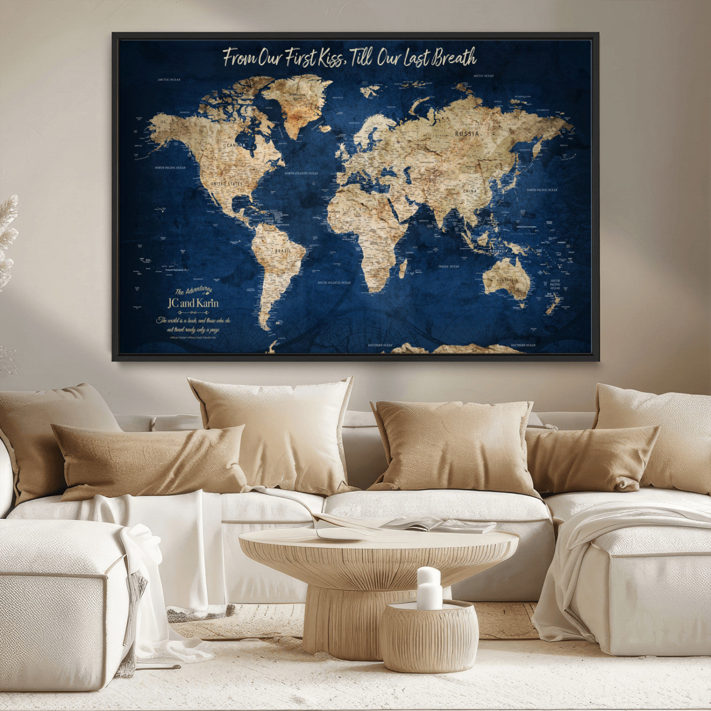 56122A-MGV-CV-36X24-Push Pin World Map Canvas Print – Framed Wall Art for Couples to Track Their Travels – Anniversary Gift or Home Adventure Decor - H2-Orj