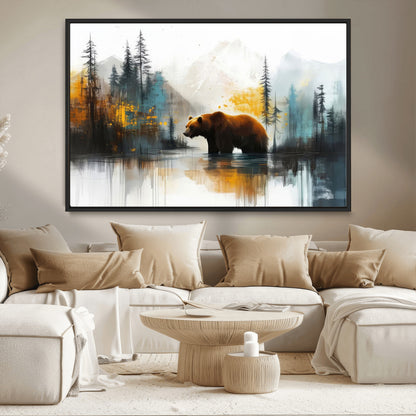 A majestic bear stands by the serene waters of a misty forest, surrounded by towering trees and distant mountains, evoking the raw beauty and wild spirit of nature.