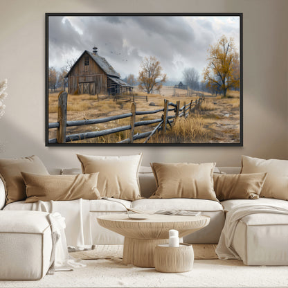 A tranquil rural scene featuring a rustic barn, overcast skies, and golden fields with scattered trees, evoking a sense of peaceful solitude in nature.