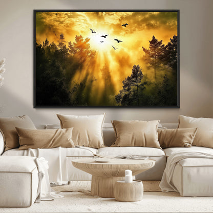 Canvas of a golden forest at sunset with birds flying through glowing sunbeams and silhouetted pine trees, ideal for warm-toned rustic decor.