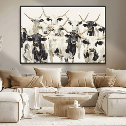 Canvas of a Texas Longhorn cattle herd in neutral black and white tones, ideal for rustic farmhouse or western-themed decor.