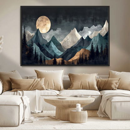 Stylized canvas of layered mountains under a full moon in neutral moody tones, ideal for nature-inspired or modern rustic interiors.