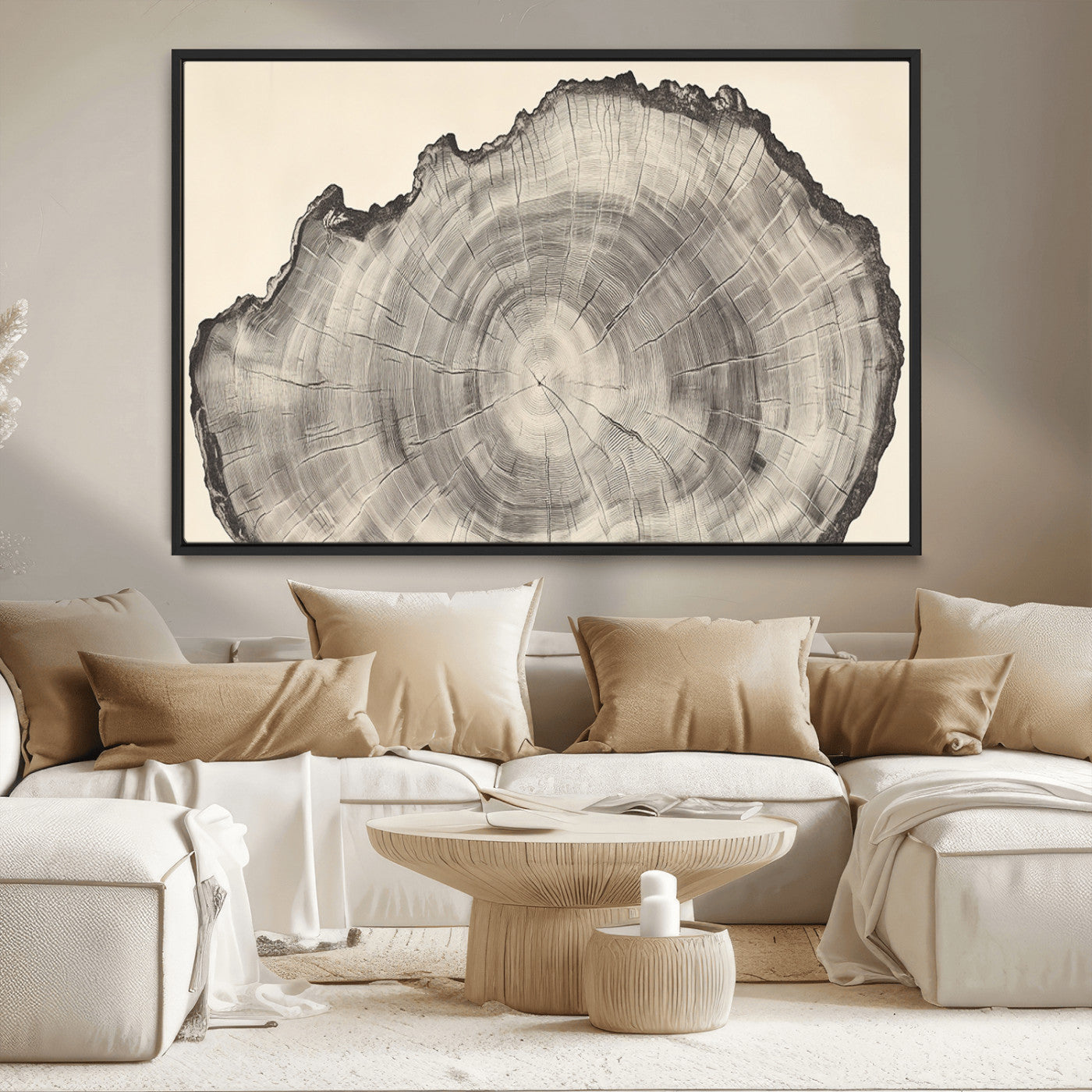 Detailed tree ring drawing in monochrome tones, ideal for rustic or nature-inspired interiors with a minimal decor aesthetic.