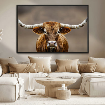 Close-up of a Texas Longhorn with strong curved horns and warm brown tones, perfect for rustic or western-style wall decor.