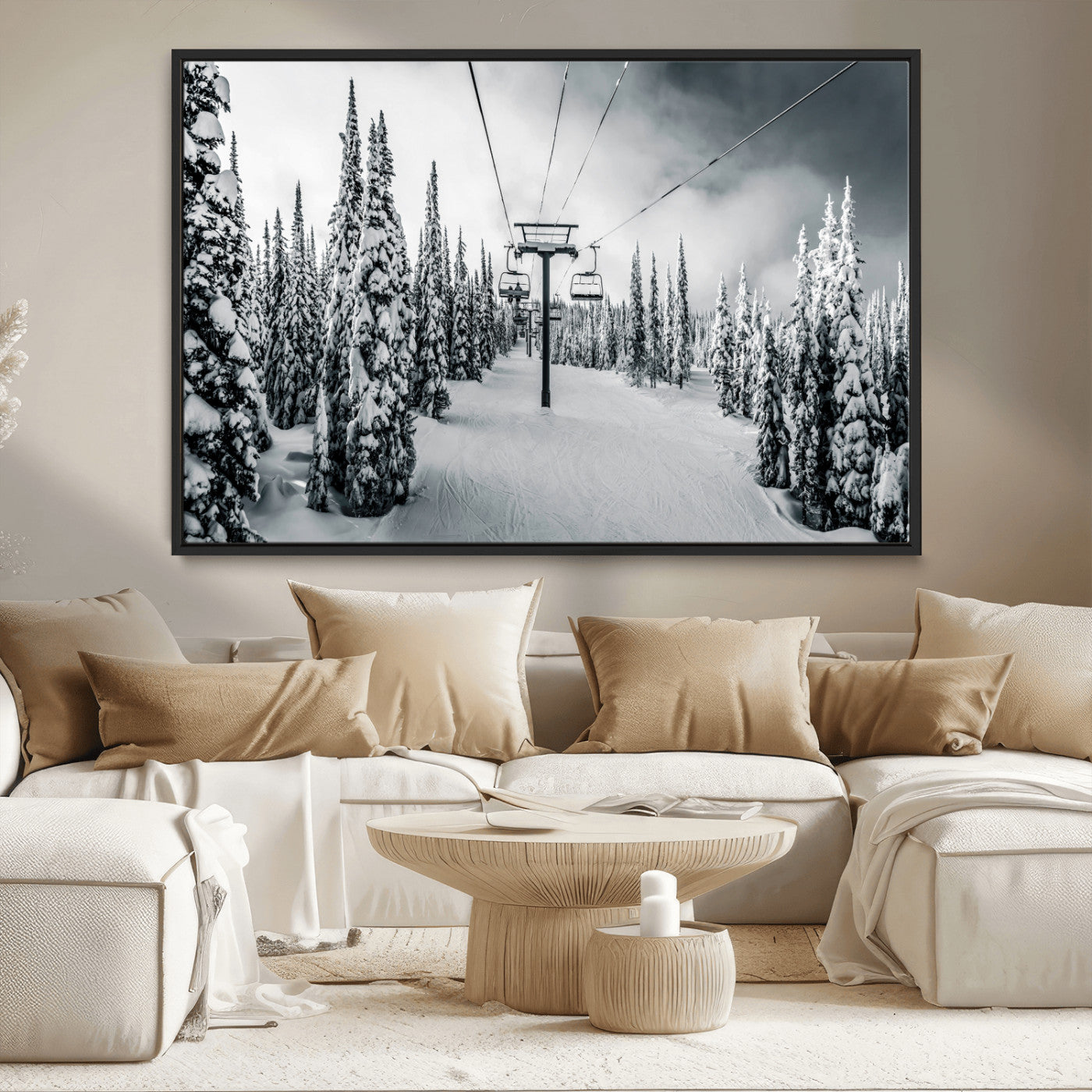 Canvas of a snowy ski lift scene through a forest of tall pine trees, ideal for moody winter or alpine-themed home decor.