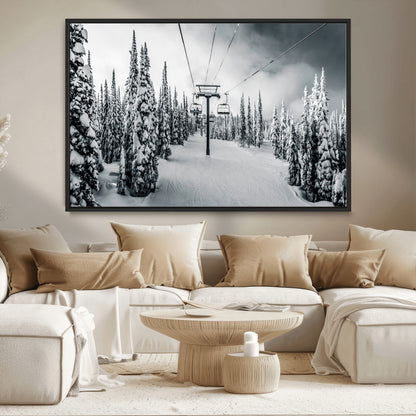 Canvas of a snowy ski lift scene through a forest of tall pine trees, ideal for moody winter or alpine-themed home decor.