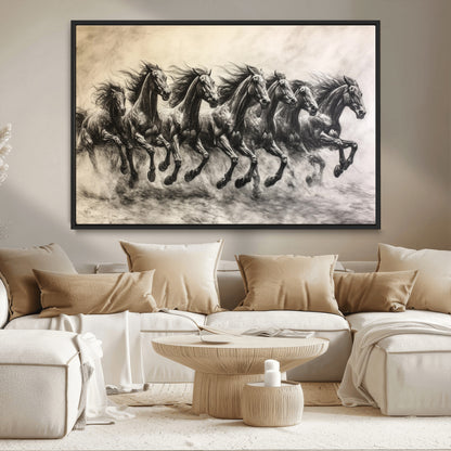 Monochrome drawing of a herd of galloping horses, perfect for dynamic and wild-themed decor in any equestrian or nature-inspired room.