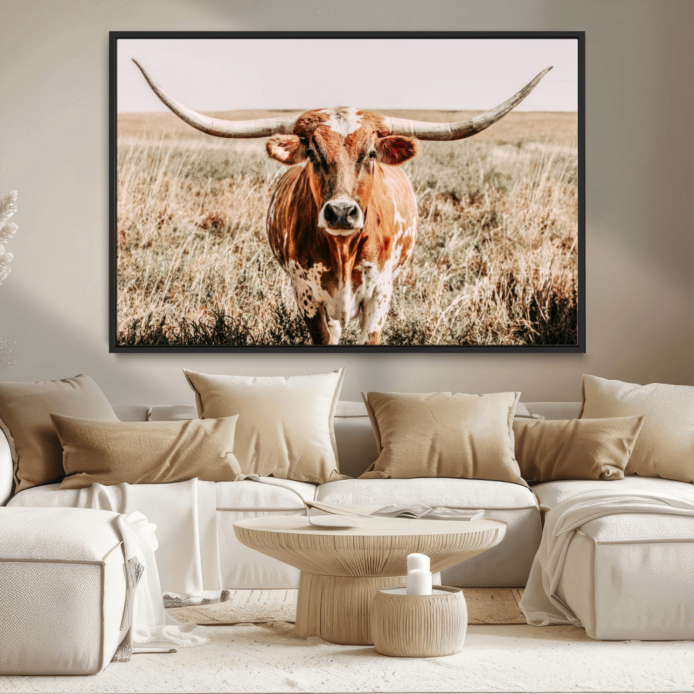 Framed longhorn cow canvas wall art with rustic prairie background, western animal print perfect for farmhouse or ranch style decor