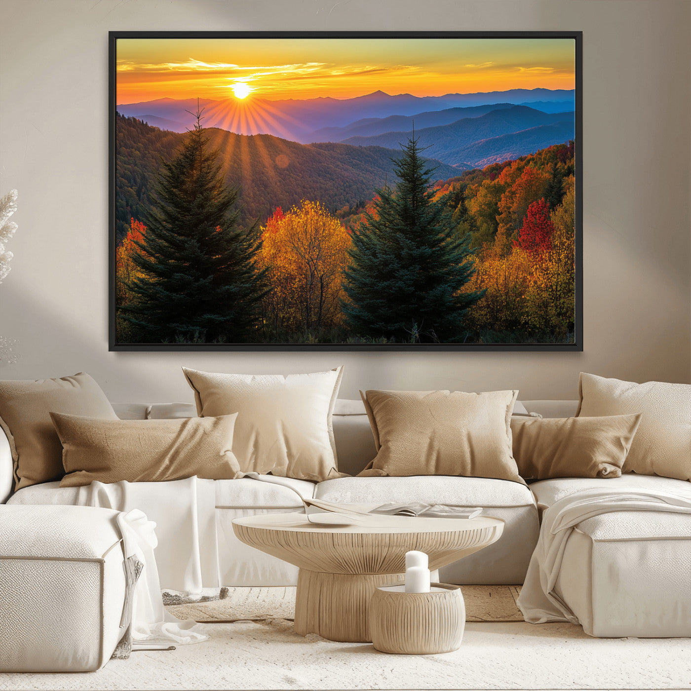 Vibrant sunset over autumn mountains with colorful trees and warm light, ideal for nature lovers or cabin-style wall decor.