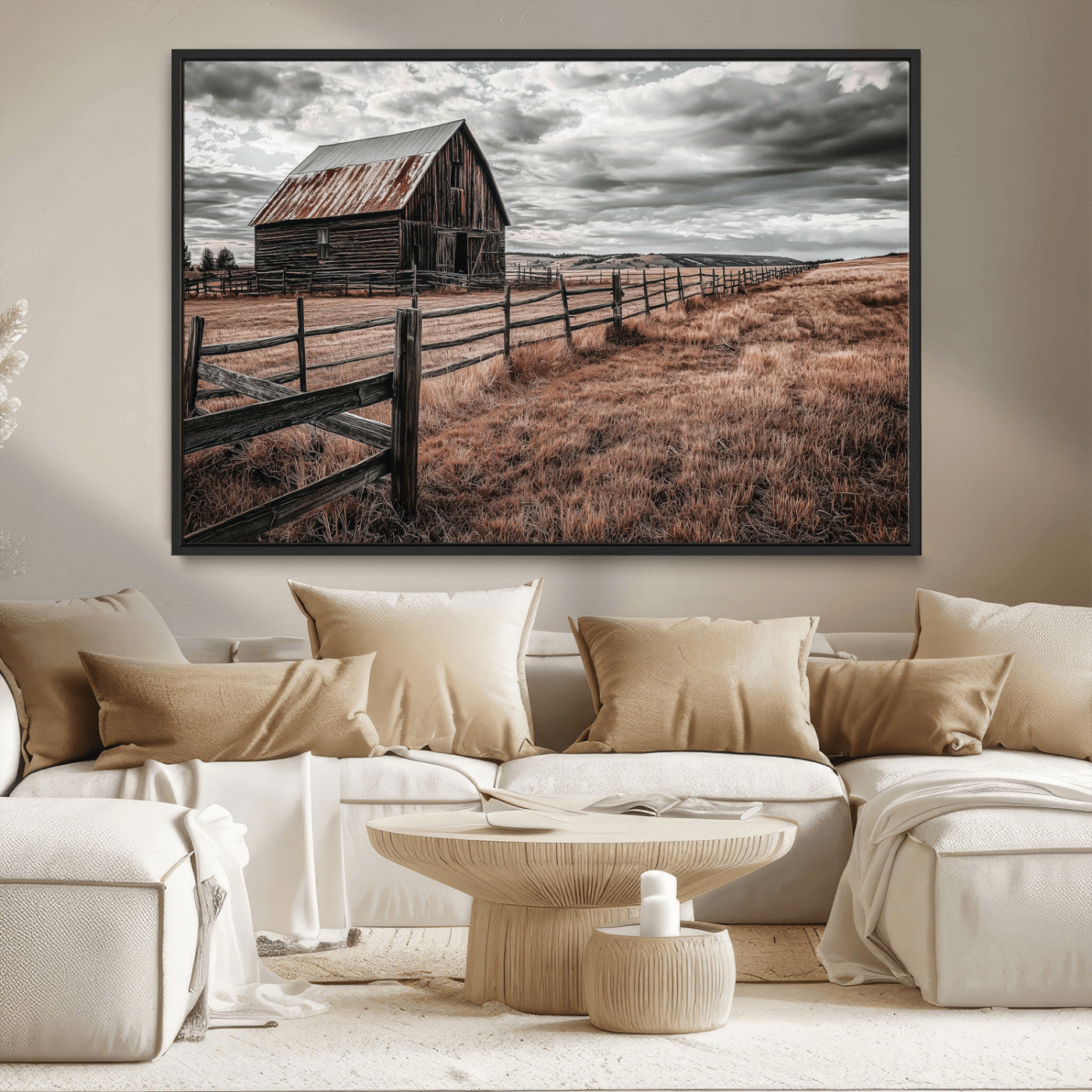Framed canvas of a rustic barn under a moody sky with weathered fence and dark fields, ideal for farmhouse or rural-style wall decor.