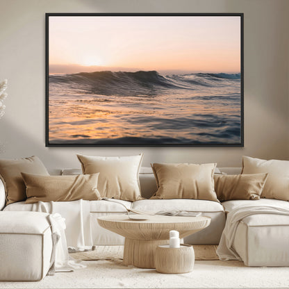 Framed canvas of ocean waves glowing in sunset light, ideal for golden hour calm or peaceful coastal-inspired wall decor.