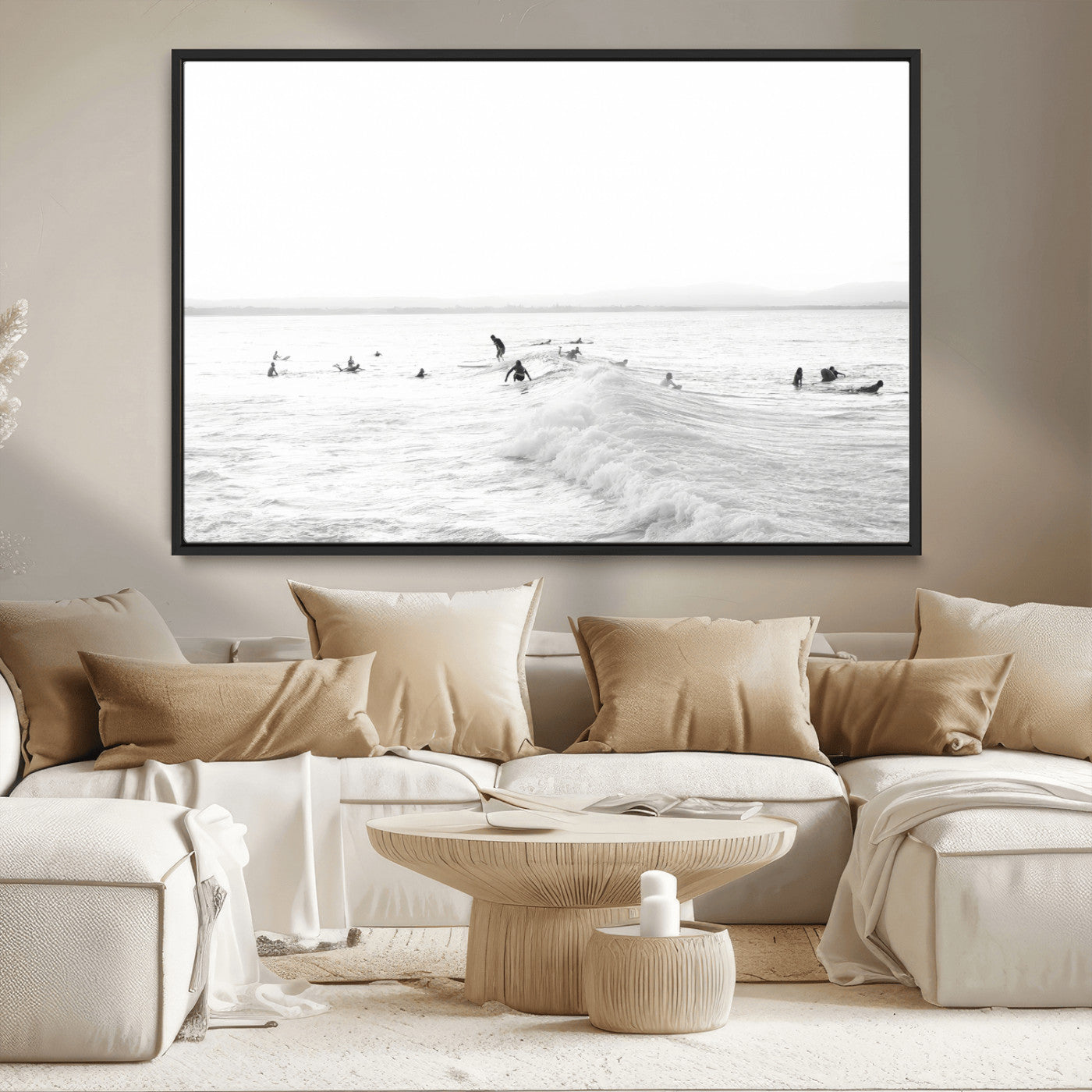Monochrome photo of surfers riding and waiting on ocean waves, ideal for surf-themed or coastal energy wall decor.