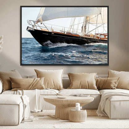 Close-up of a classic sailing yacht with wooden deck and full sails, perfect for nautical or coastal-style decor in ocean-themed spaces.