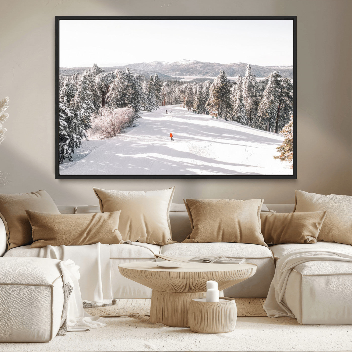 Bright ski trail lined with snow-covered pines and a skier in orange, perfect for alpine adventure or winter sports-inspired decor.