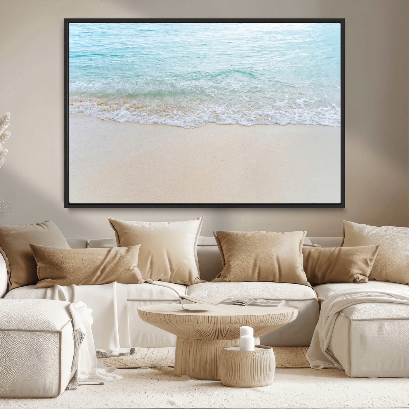 Soft shoreline with gentle aqua waves on smooth sand, ideal for minimalist coastal or pastel ocean-inspired home wall decor.