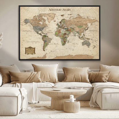Custom Push Pin World Map Wall Canvas Print – Personalized Travel Tracker with Pins – Framed Custom Quotie Canvas for Home Office Decor