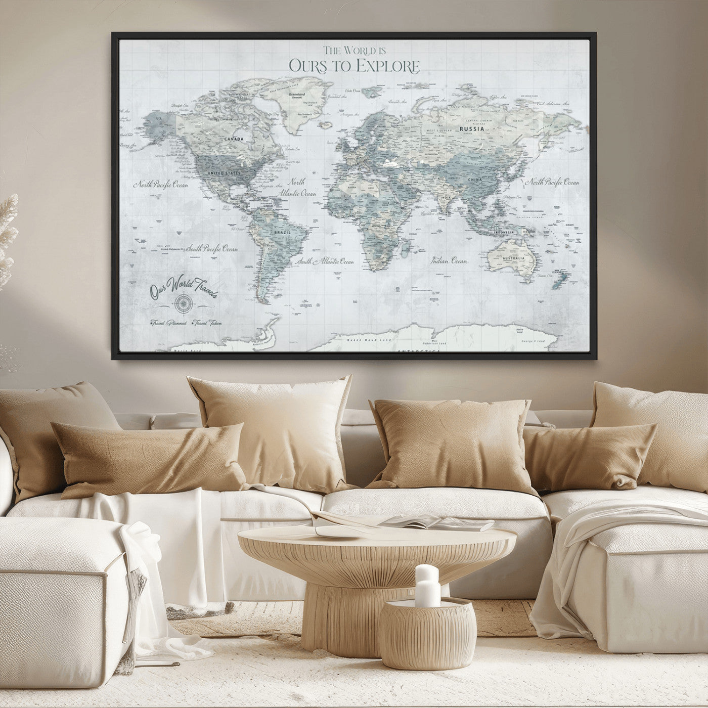 Custom Push Pin World Map Wall Canvas Print – Personalized Travel Tracker with Pins – Framed Custom Quotie Canvas for Home Office Decor