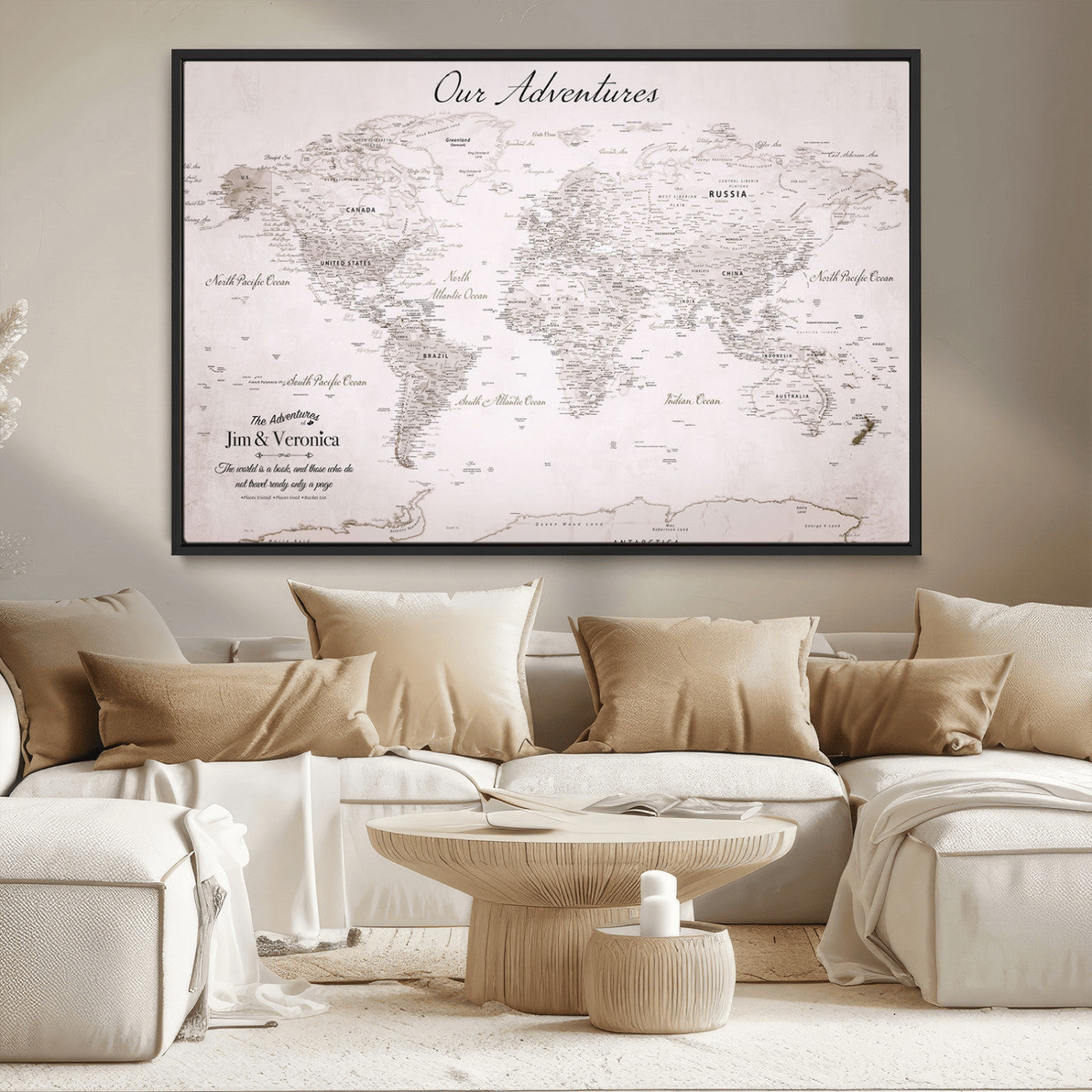 Customize Push Pin World Map Wall Canvas Print – Personalized Travel Map with Foam Pins – Framed Custom Quotie Canvas for Home Office Decor