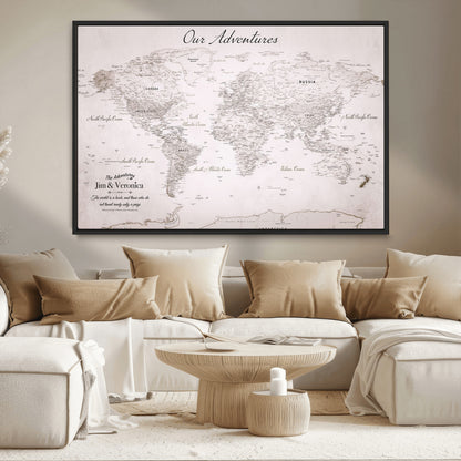 Customize Push Pin World Map Wall Canvas Print – Personalized Travel Map with Foam Pins – Framed Custom Quotie Canvas for Home Office Decor