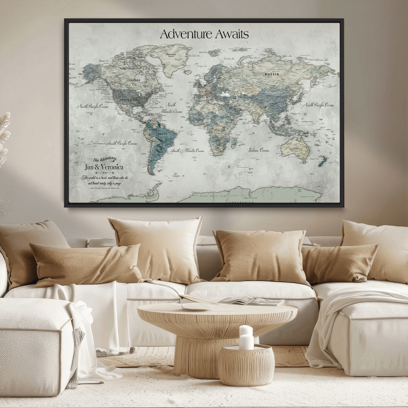 Customize Push Pin World Map Wall Canvas Print – Personalized Travel Tracker with Pins – Framed Custom Quotie Canvas for Home Office Decor