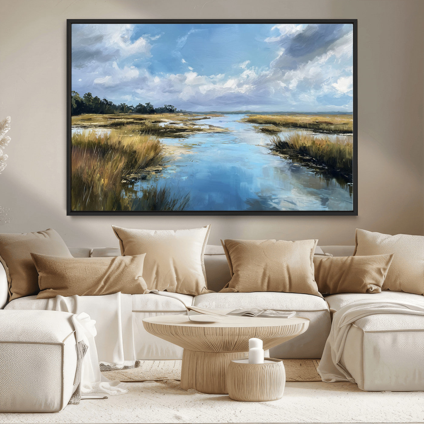 A beautiful, painterly landscape of a calm river winding through a marsh, with vibrant green grasses and a bright blue sky filled with fluffy clouds.