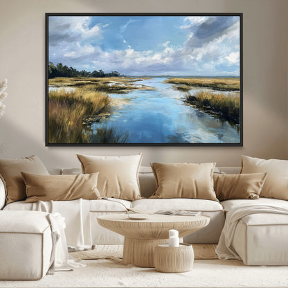 A beautiful, painterly landscape of a calm river winding through a marsh, with vibrant green grasses and a bright blue sky filled with fluffy clouds.
