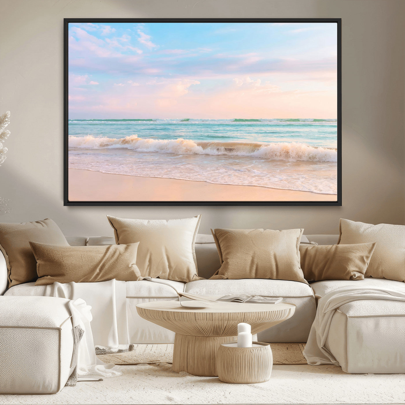 A peaceful beach scene with soft pastel skies, gentle waves washing up on the sandy shore, creating a calm and serene ocean view.