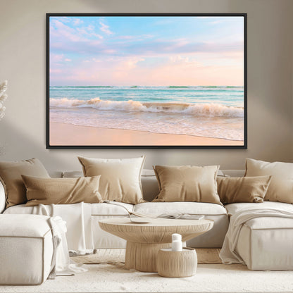 A peaceful beach scene with soft pastel skies, gentle waves washing up on the sandy shore, creating a calm and serene ocean view.